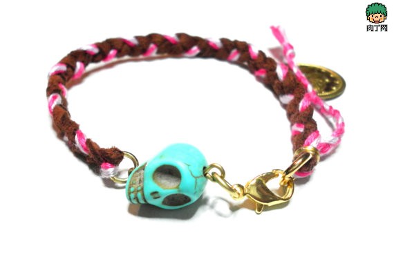 Hippie Brown suede leather friendship bracelets - turquoise stone skull pink purple floss gold medallion tassel free people inspired