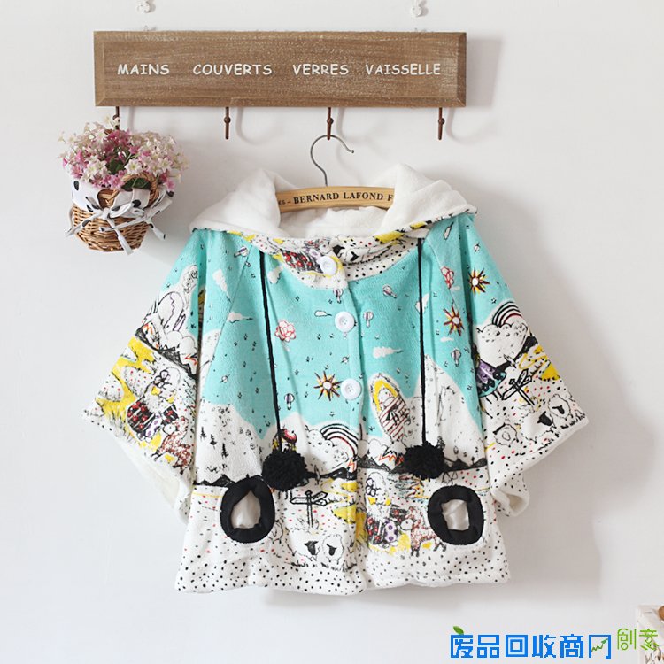 14秋冬新款韩版日系学院少女可爱梦幻意境卡通图案羊羔绒斗篷外套
