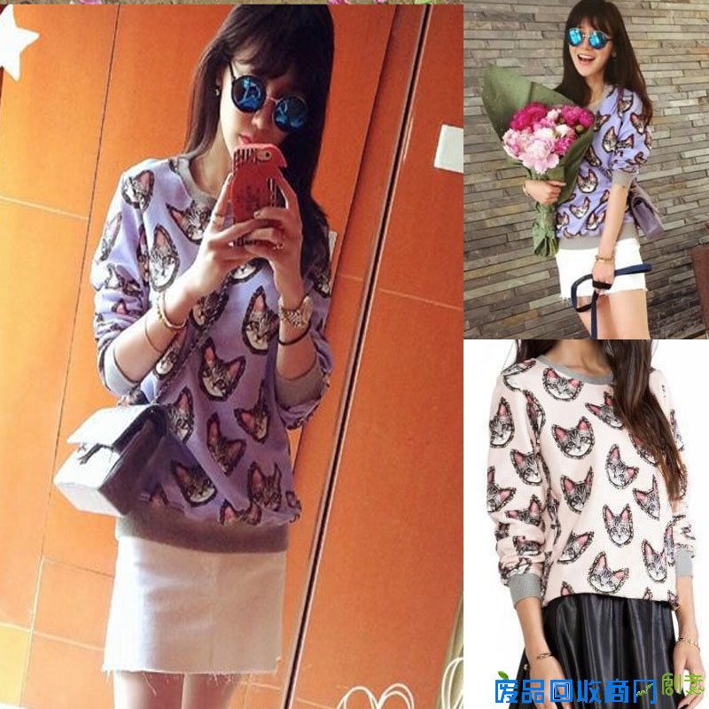 猫咪图案套头长袖卫衣女春秋新款韩范少女可爱上衣学生原宿外套潮