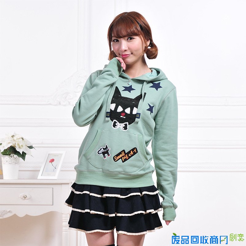 春秋冬装新款少女宽松连帽套头外套甜美可爱猫卡通图案学生卫衣女
