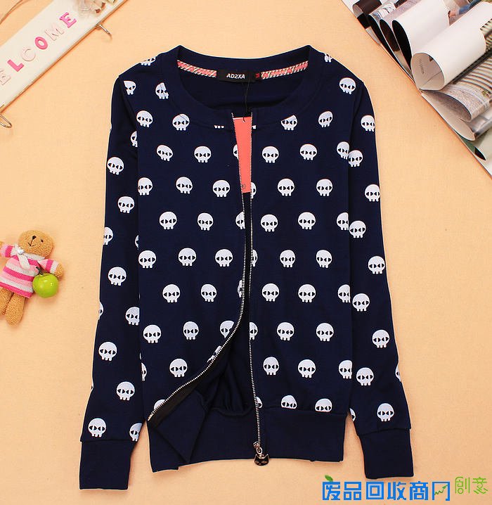 春秋新款少女装卡通骷颅头图案长袖可爱中学生短款开衫外套