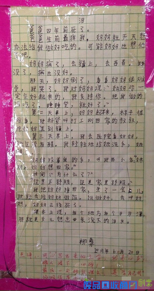 爸爸四年前死了。爸爸生前最疼我，妈妈就天天想办法给我做好吃的。可能妈妈也想他了吧。妈妈病了，去镇上，去西昌，钱没了，病也没好。那天，妈妈倒了，看看妈妈很难受，我哭了。我对妈妈说：“妈妈你一定会好起来的，我支持你，吃了我做的饭，睡睡觉，就好了。”第二天早上，妈妈起不来，样子很难看。我赶紧叫打工刚回家的叔叔，把妈妈送到镇上。第三天早上，我去医院看妈妈，她还没有醒。我轻轻地给她洗手，她醒了。妈妈拉着我的手，叫我的小名：“妹妹，妈妈想回家。”我问：“为什么了？”“这里不舒服，还是家里舒服。”我把妈妈接回家，坐了一会儿，我就去给妈妈做饭。饭好了，去叫妈妈，妈妈已经死了。课本上说，有个地方有个日月潭，那就是女儿想念母亲留下的泪水。柳彝