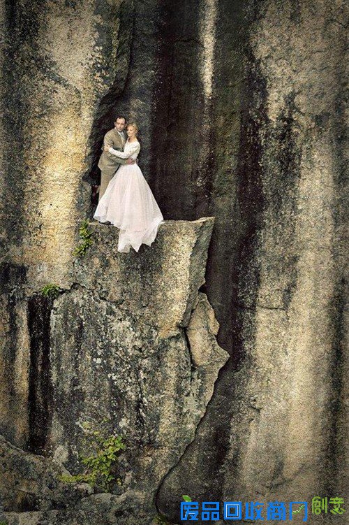 恐高慎入！摄影师吊在悬崖上拍婚纱照  