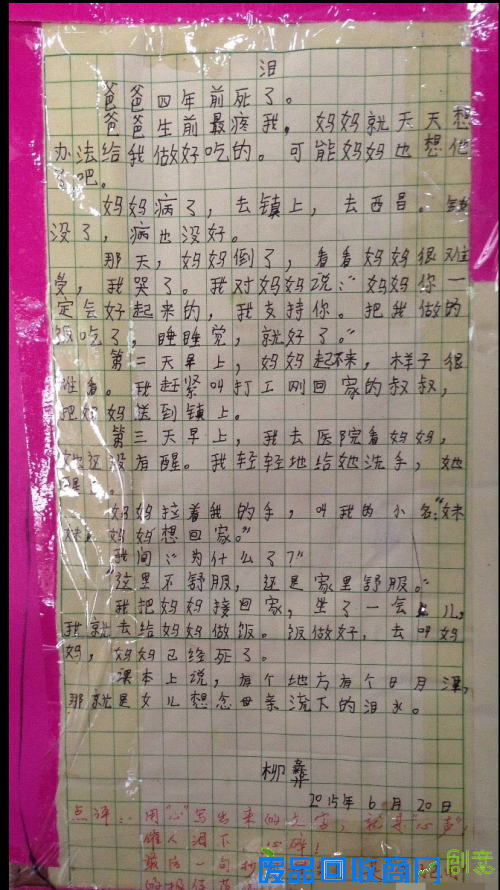 世界上最悲伤作文疯传 苦依五木作文全文令人心痛(图)