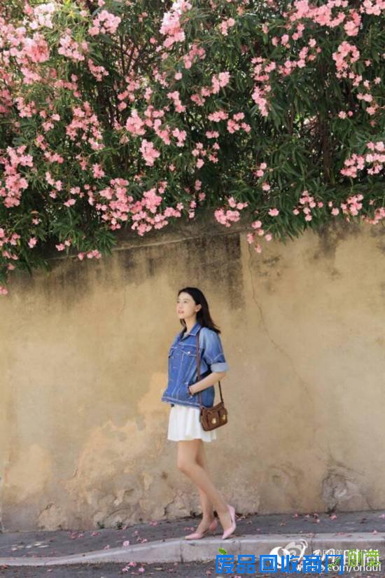 高圆圆站在花墙下,小清新的妆容与服饰刚刚好映衬了春日的美好。