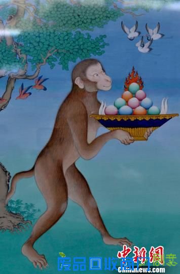 1月10日，展览中的唐卡作品《灵猴献宝》。　李林　摄