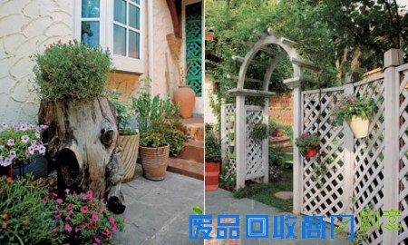 在花丛间添置老树桩、竹筒、石头、绣铁罐等杂货，为花园带来旧旧的人文味道。