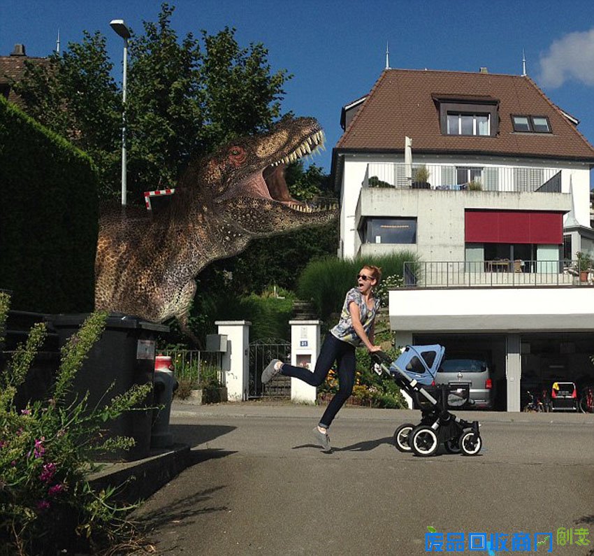 瑞士夫妻合成趣味魔幻照片:照看孩子时遇到恐龙飞碟