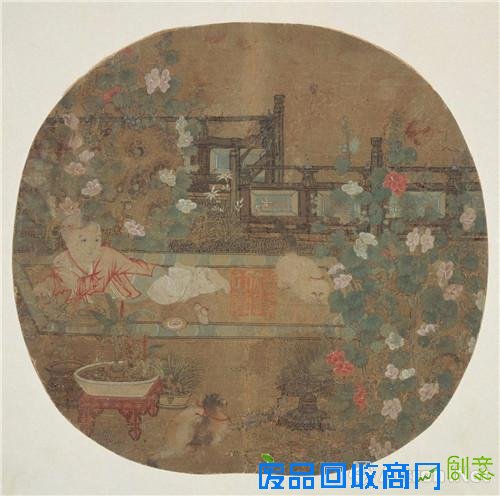 五代 周文矩(传) 《貍奴婴戏图》 团扇 24.5×25.7cm 绢本设色 美国波士顿美术馆藏