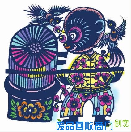 猴推磨彩(剪纸)