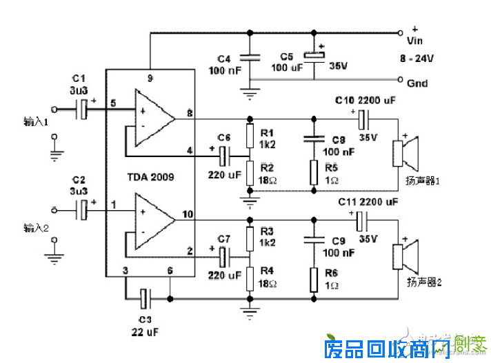 基于TDA2009A制作的小功放电子电路设计图