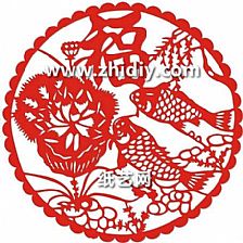 春节窗花福字剪纸图案大全之连年有余福字窗花的剪法