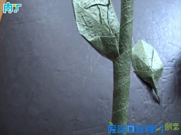 50种纸玫瑰的折法之带枝叶纸玫瑰花折纸方法图解 玫瑰花叶折法╭★肉丁网