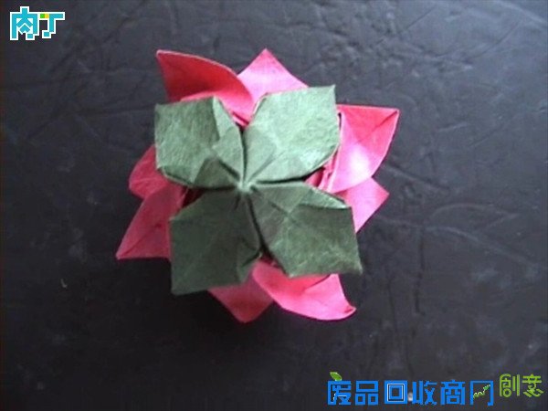50种纸玫瑰的折法之带枝叶纸玫瑰花折纸方法图解 玫瑰花叶折法╭★肉丁网