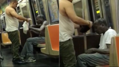 纽约地铁年轻人脱T恤送半裸流浪汉